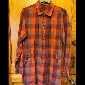 EUC Toad&Co. Tunic top-Mixologist-plaid purple/orange/olive button, side pockets
